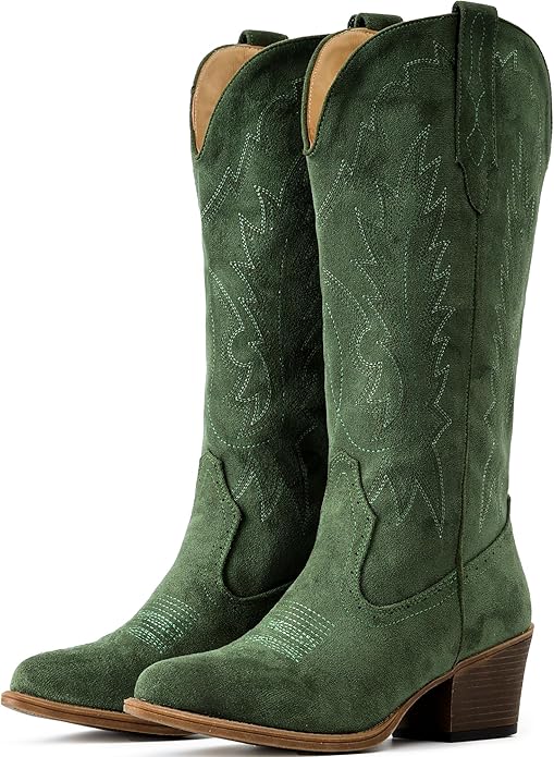 IUV suede cowboy boots for women with pointed toe and chunky heel, mid-calf embroidered western boots.